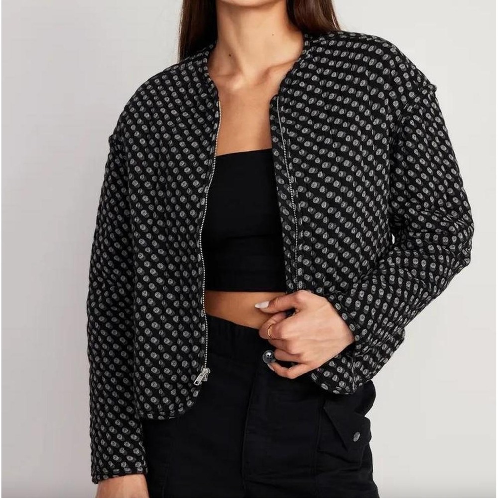 Old Navy Size L Quilted Bomber Light Jacket‎ Black Geo Zipper Pockets Spring EUC